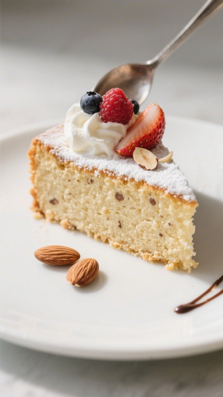 Close-up, 45-degree angle of a single slice of Low Carb Vanilla Almond Cake on a matte white dessert