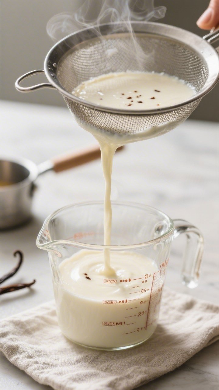 Close-up detail and process: Warm keto vanilla panna cotta base being poured through a fine-mesh sie