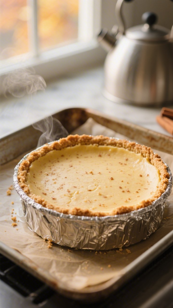Close-up detail, cooking process: A golden keto almond-flour cheesecake crust just out of a 9-inch s