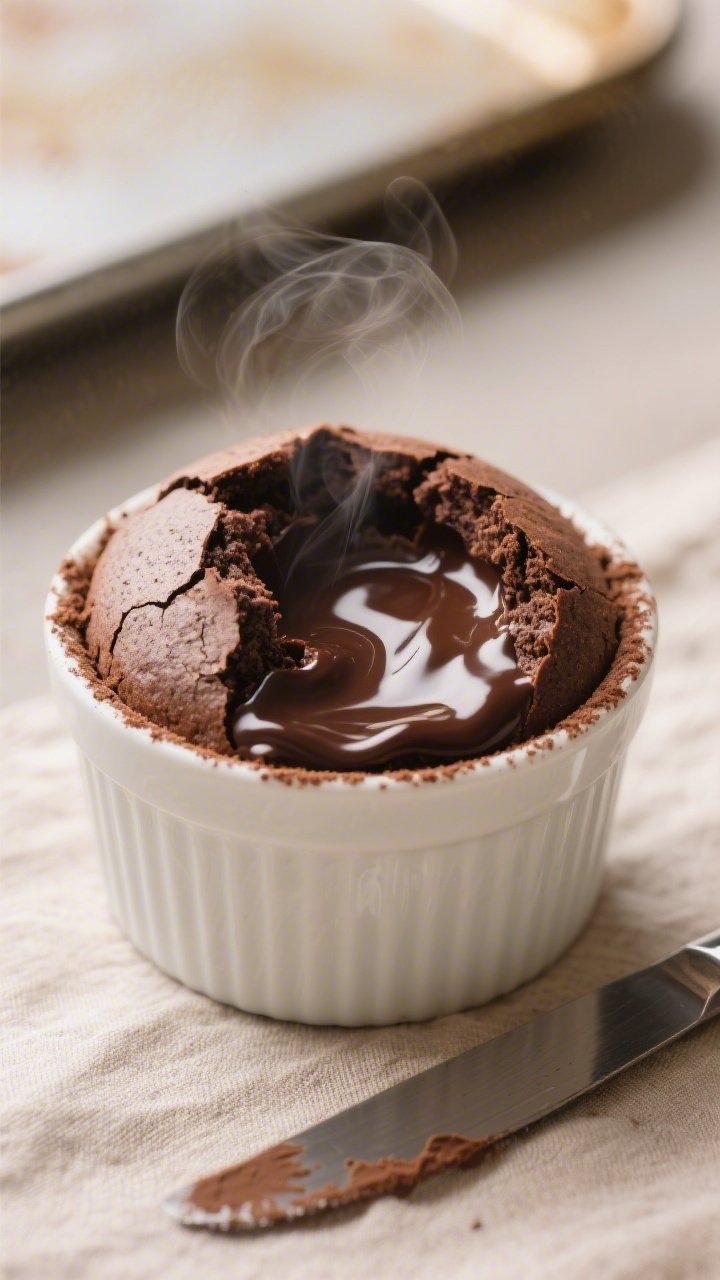 Close-up detail, cooking process: A just-baked keto chocolate lava cake in a small white ramekin, to