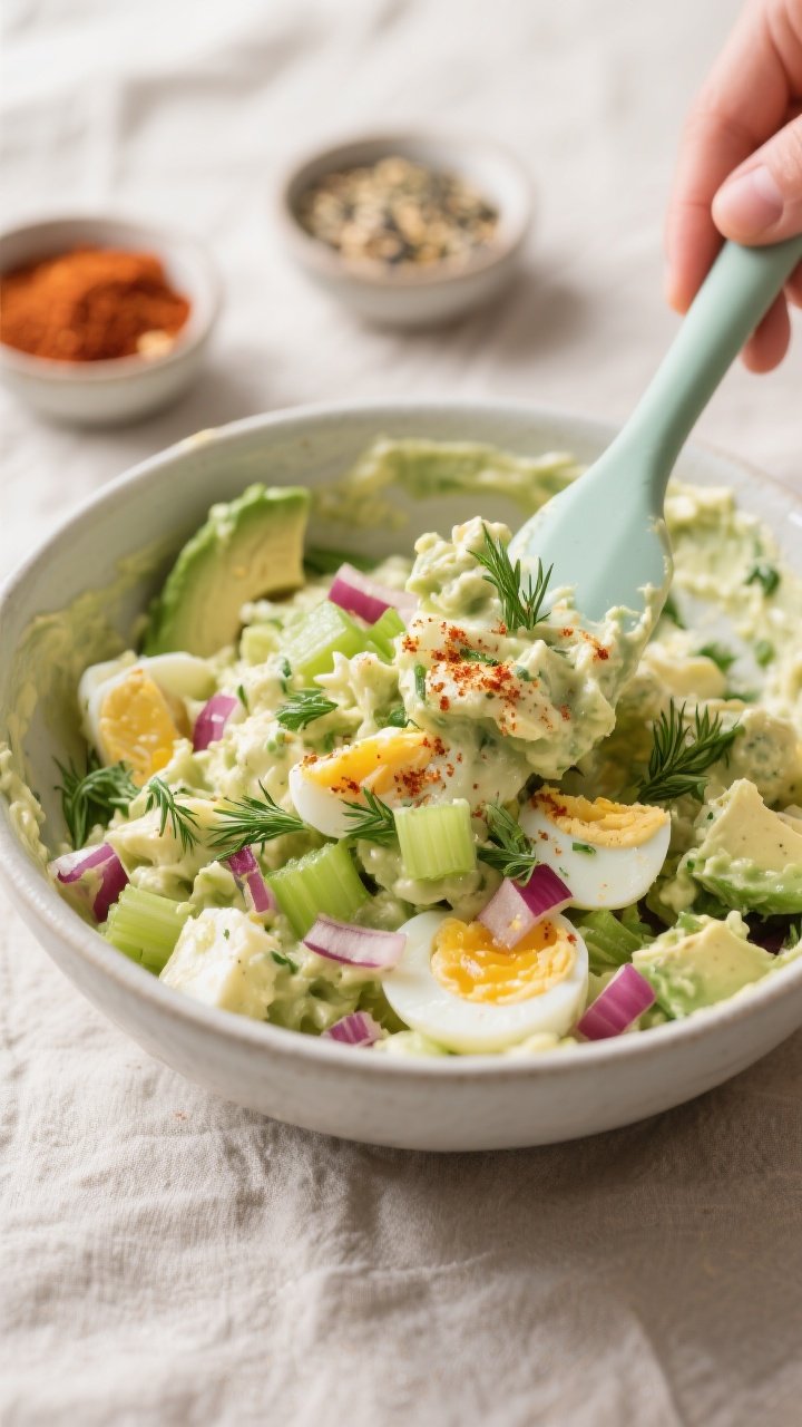 Close-up detail, cooking process: A medium bowl of freshly prepared keto avocado egg salad being gen