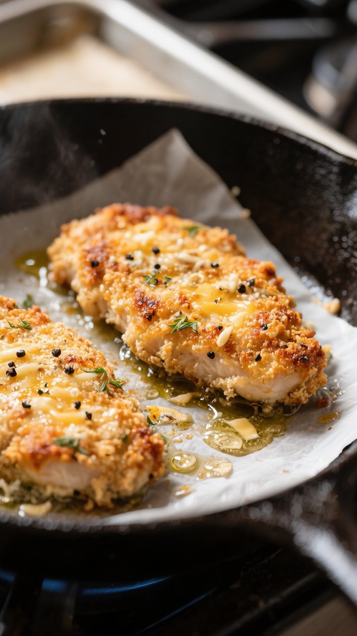 Close-up detail, cooking process: Golden-brown low carb Chicken Parmesan cutlets just seared in a ca