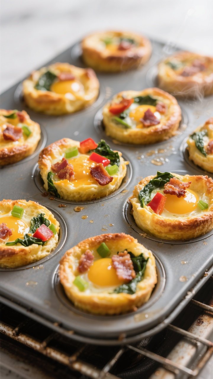 Close-up detail, cooking process: Golden, just-baked keto egg muffins in a greased 12-cup muffin tin