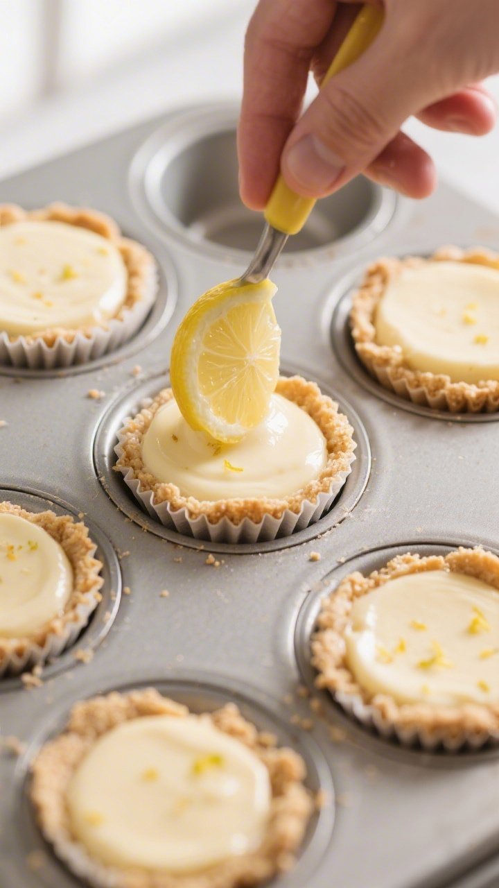 Close-up detail, cooking process: Mini lemon cheesecake bites just out of the oven in a lined mini m