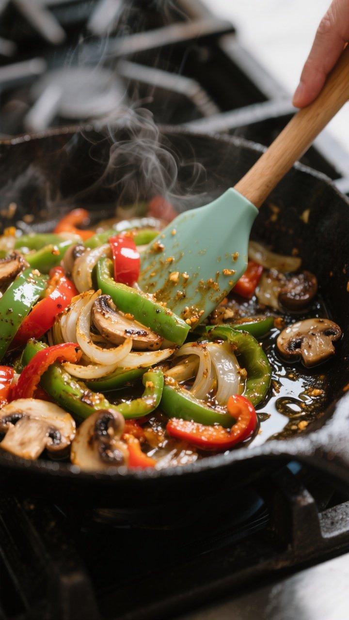 Close-up detail, cooking process: Sautéed peppers, onions, and mushrooms finishing in a cast-iron s
