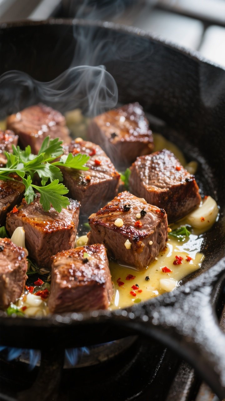 Close-up detail, cooking process: Sizzling keto garlic butter steak bites searing in a black cast-ir