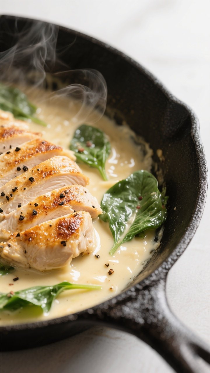 Close-up detail, cooking process: Sliced seared chicken cutlets simmering in a glossy Alfredo sauce