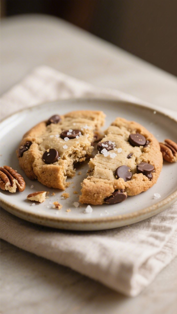 Close-up detail of a broken-in-half keto chocolate chip cookie on a small ceramic plate, showcasing 