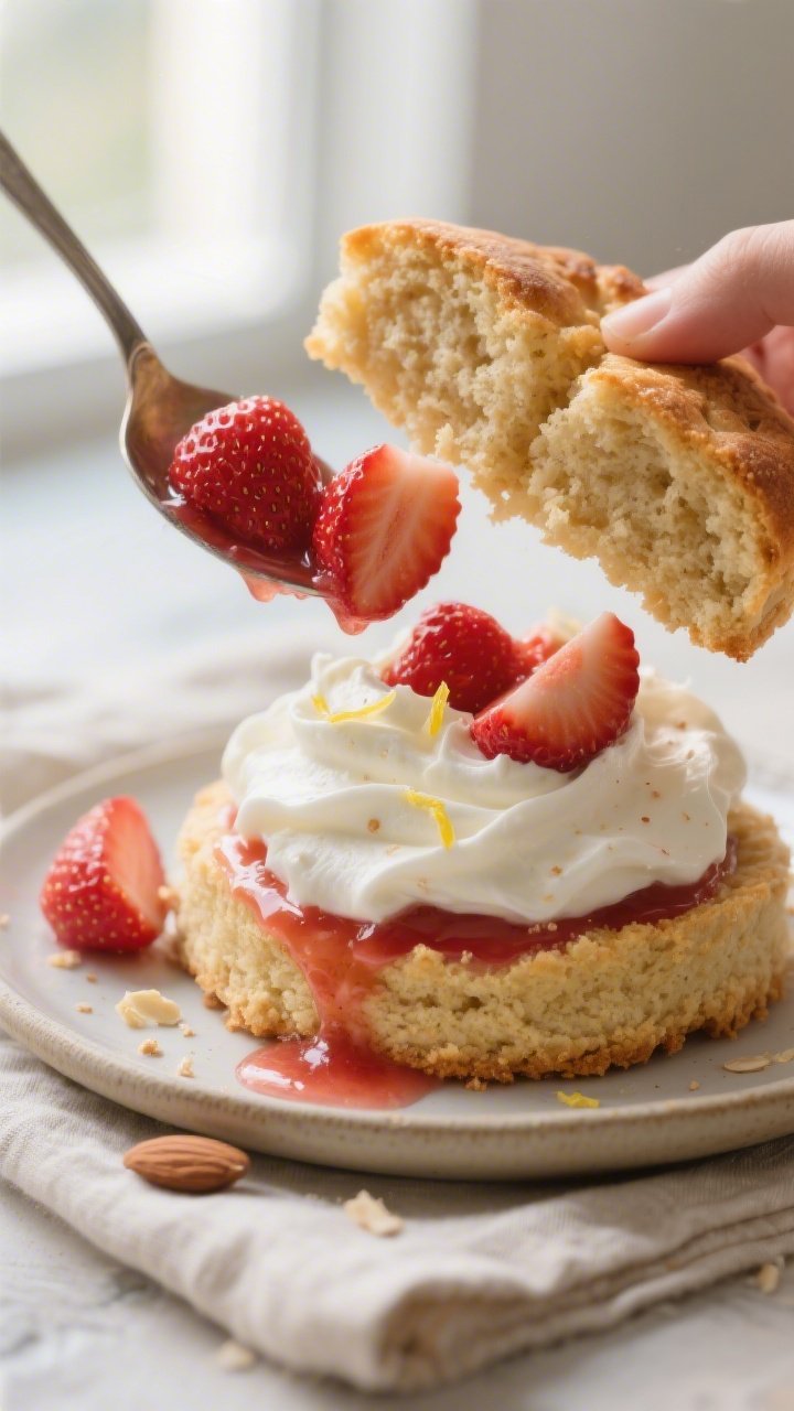 Close-up detail of a freshly baked low-carb shortcake being split and assembled: warm almond-and-coc