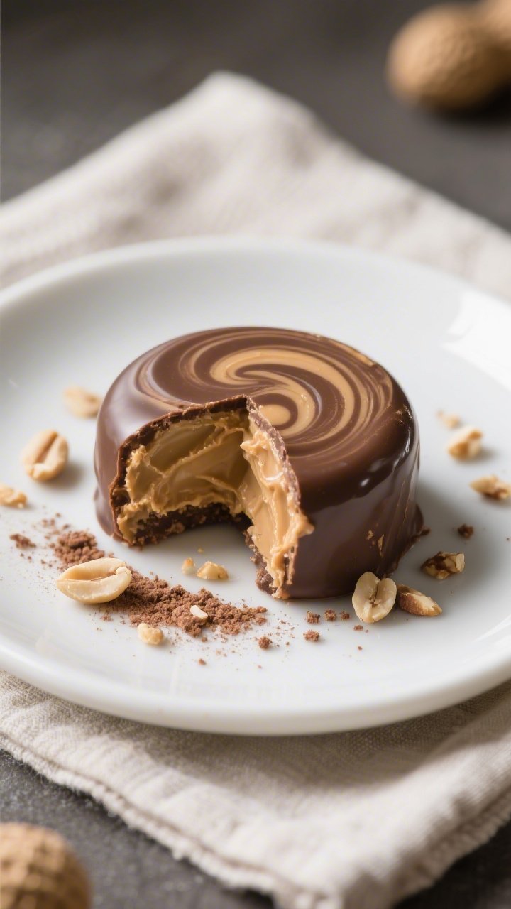 Close-up detail of a single chilled keto peanut butter fat bomb with a chocolate-peanut butter swirl