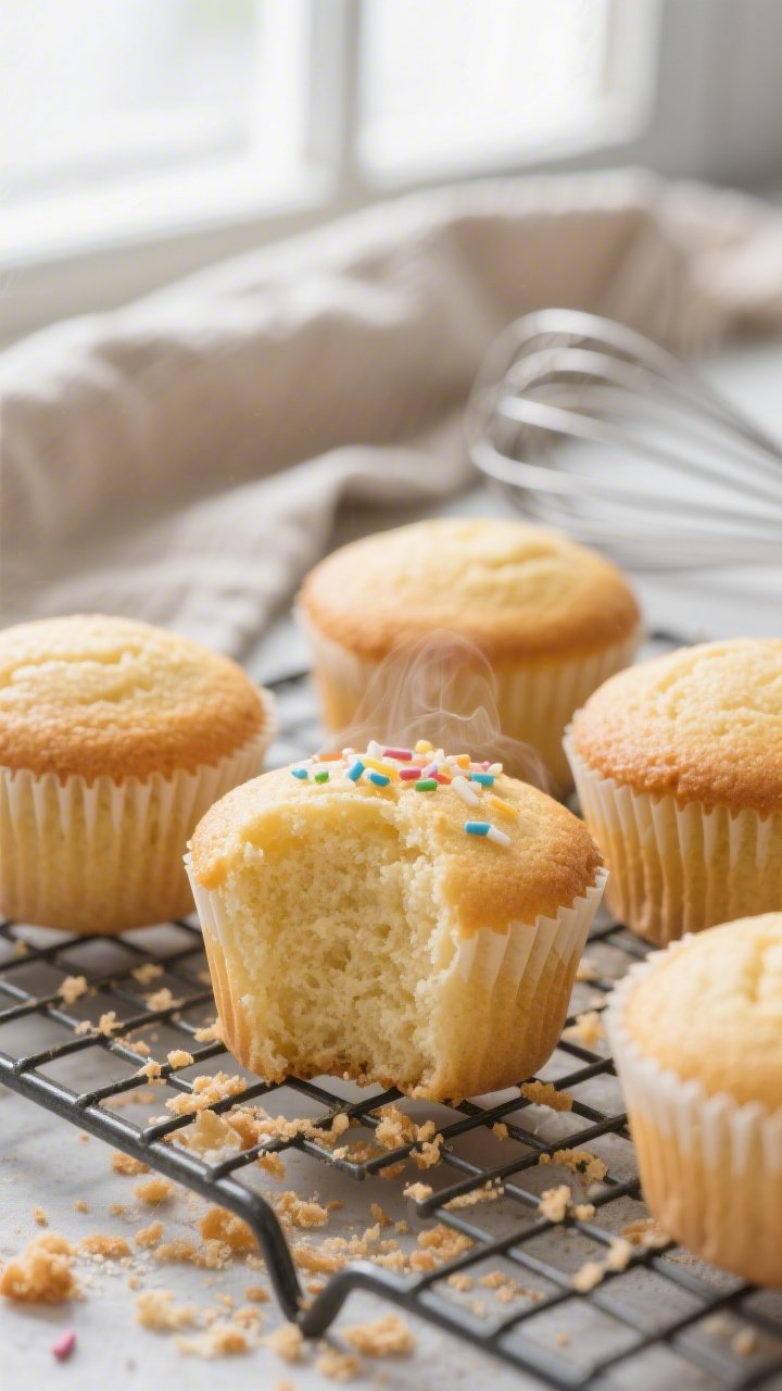 Close-up detail of freshly baked keto vanilla cupcakes just out of the pan, golden tops with a soft,