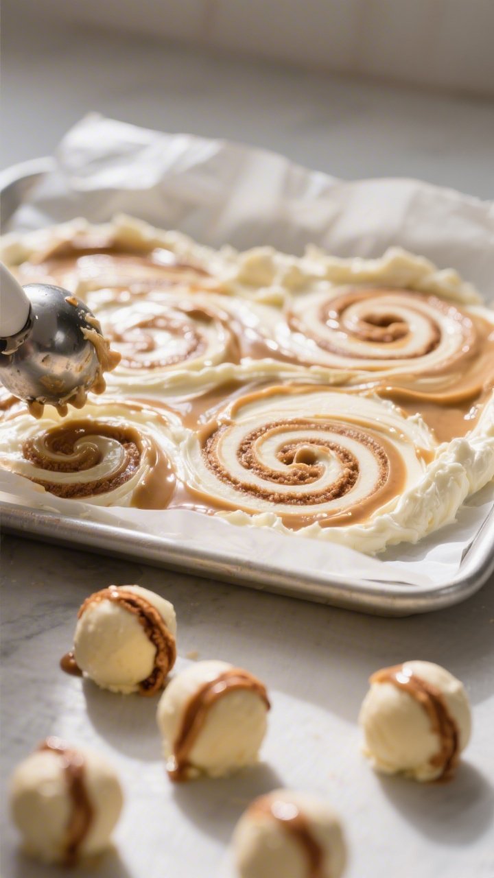 Close-up detail of keto cinnamon roll fat bombs mid-prep using the swirl method: a parchment-lined t