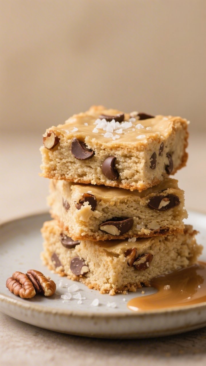 Close-up detail of sliced blondie squares stacked on a matte ceramic plate, showing a dense, chewy c