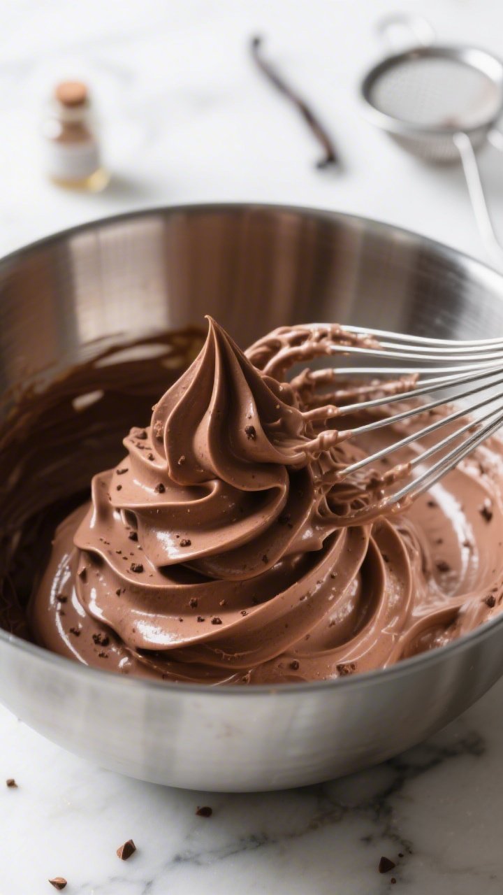 Close-up detail/process shot: Medium-stiff chocolate mousse peaks forming in a chilled stainless-ste