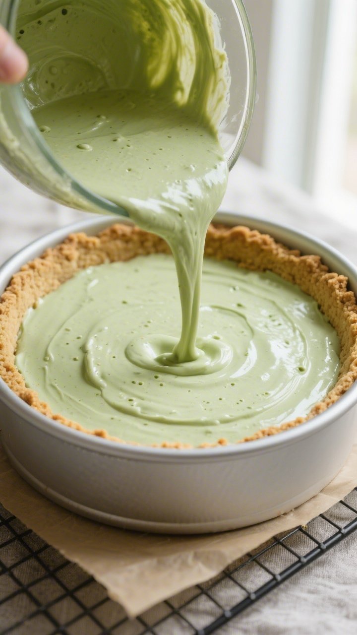 Close-up detail/process shot: The Keto Matcha Cheesecake batter being poured over a par-baked, golde
