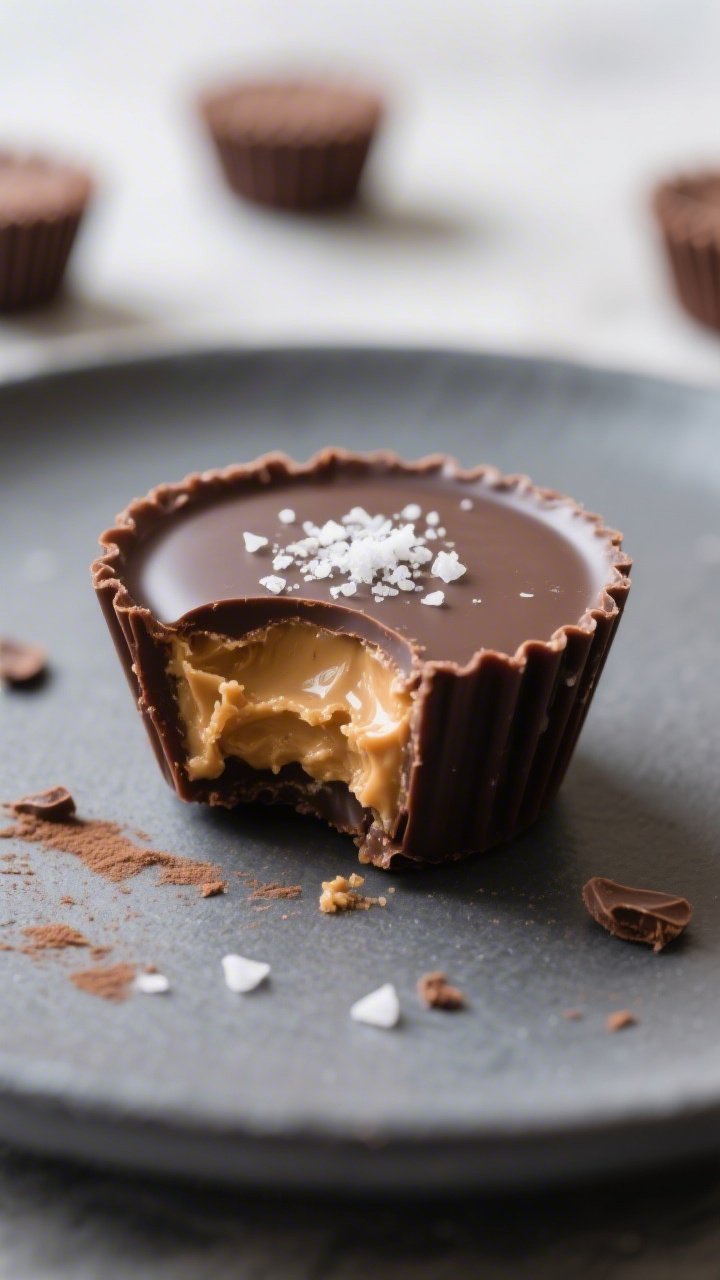 Close-up detail shot: A just-unwrapped keto chocolate peanut butter cup with a clean bite taken out,