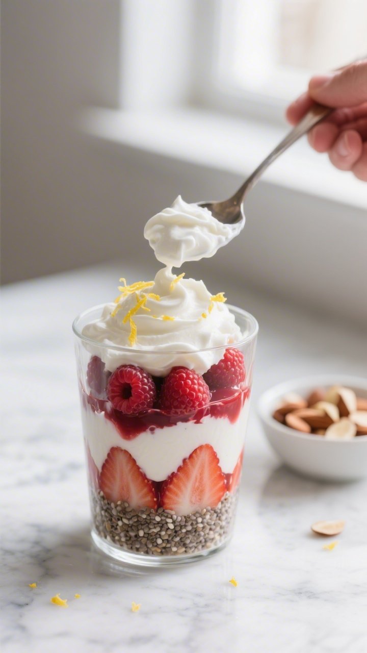 Close-up detail shot: A prepared low-carb berry parfait mid-assembly, showing a spoon gently layerin