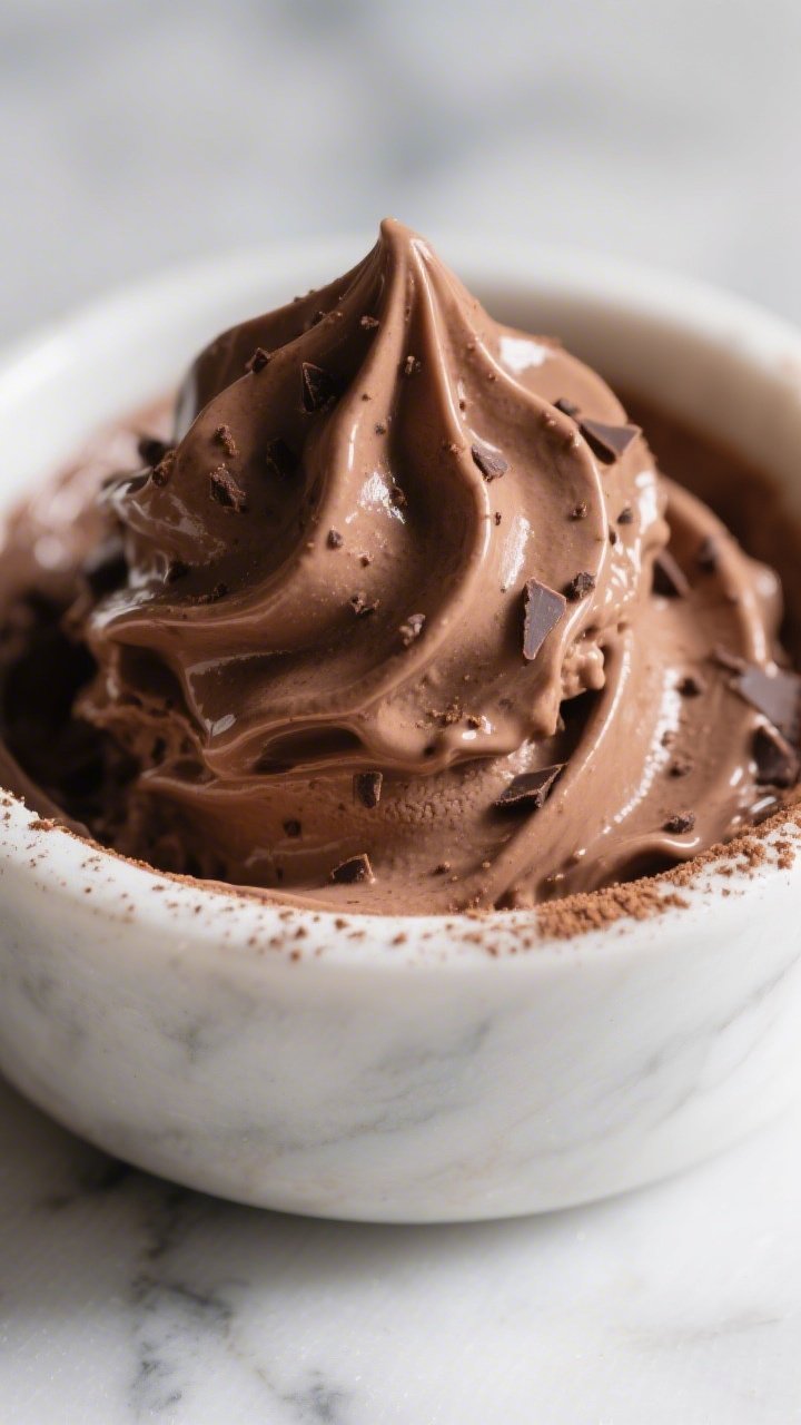 Close-up detail shot: A scoop of keto chocolate ice cream just churned to soft-serve consistency in 