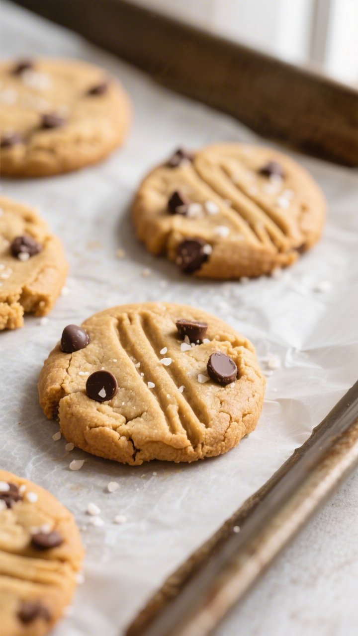 Close-up detail shot: Freshly baked low carb peanut butter cookies cooling on a parchment-lined shee