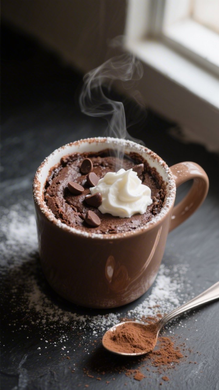 Close-up detail shot: freshly microwaved low-carb chocolate mug cake in a wide, 12-ounce ceramic mug