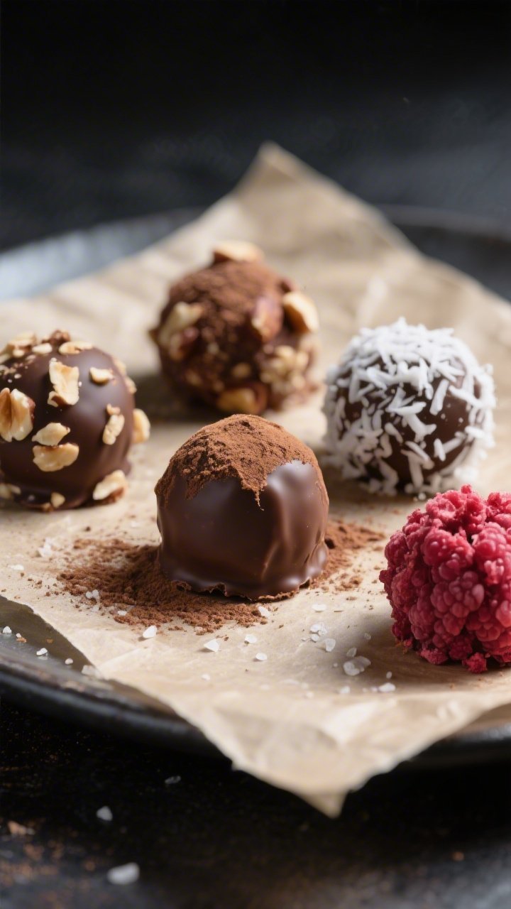 Close-up detail shot: freshly rolled low-carb chocolate truffles in varied coatings—velvety unswee
