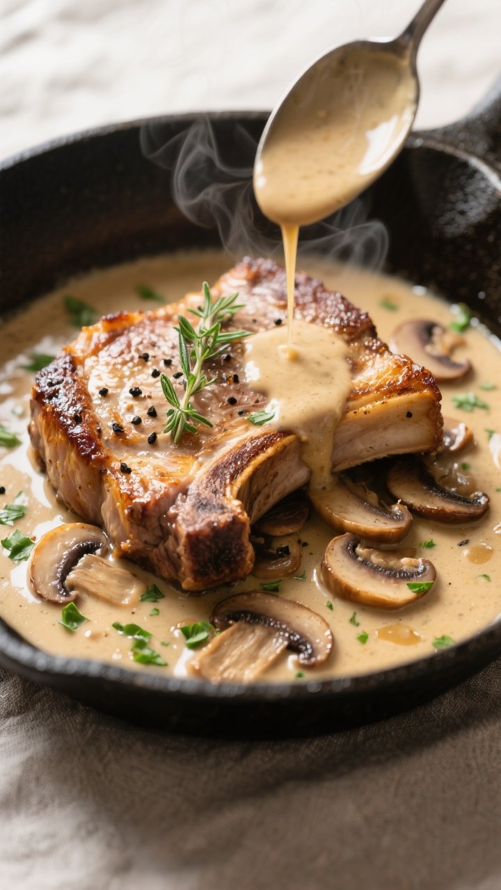 Close-up detail shot: Golden-seared bone-in pork chop nestled in a skillet of creamy mushroom sauce,