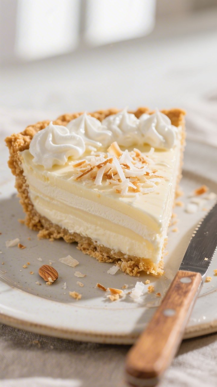 Close-up detail shot of a slice of Low Carb Coconut Cream Pie just after cutting, showing clean cust