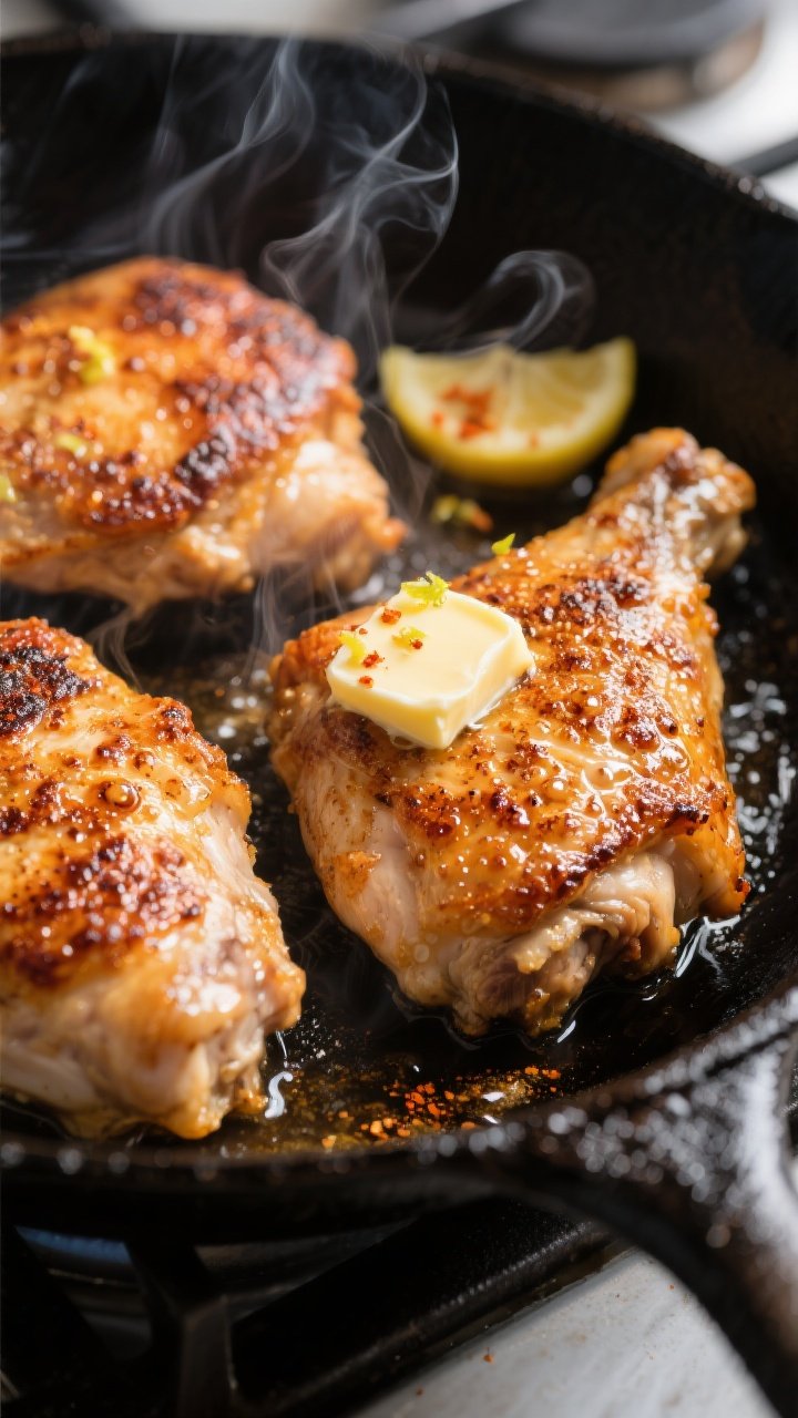 Close-up detail shot of crispy keto chicken thighs searing skin-side down in a black cast-iron skill