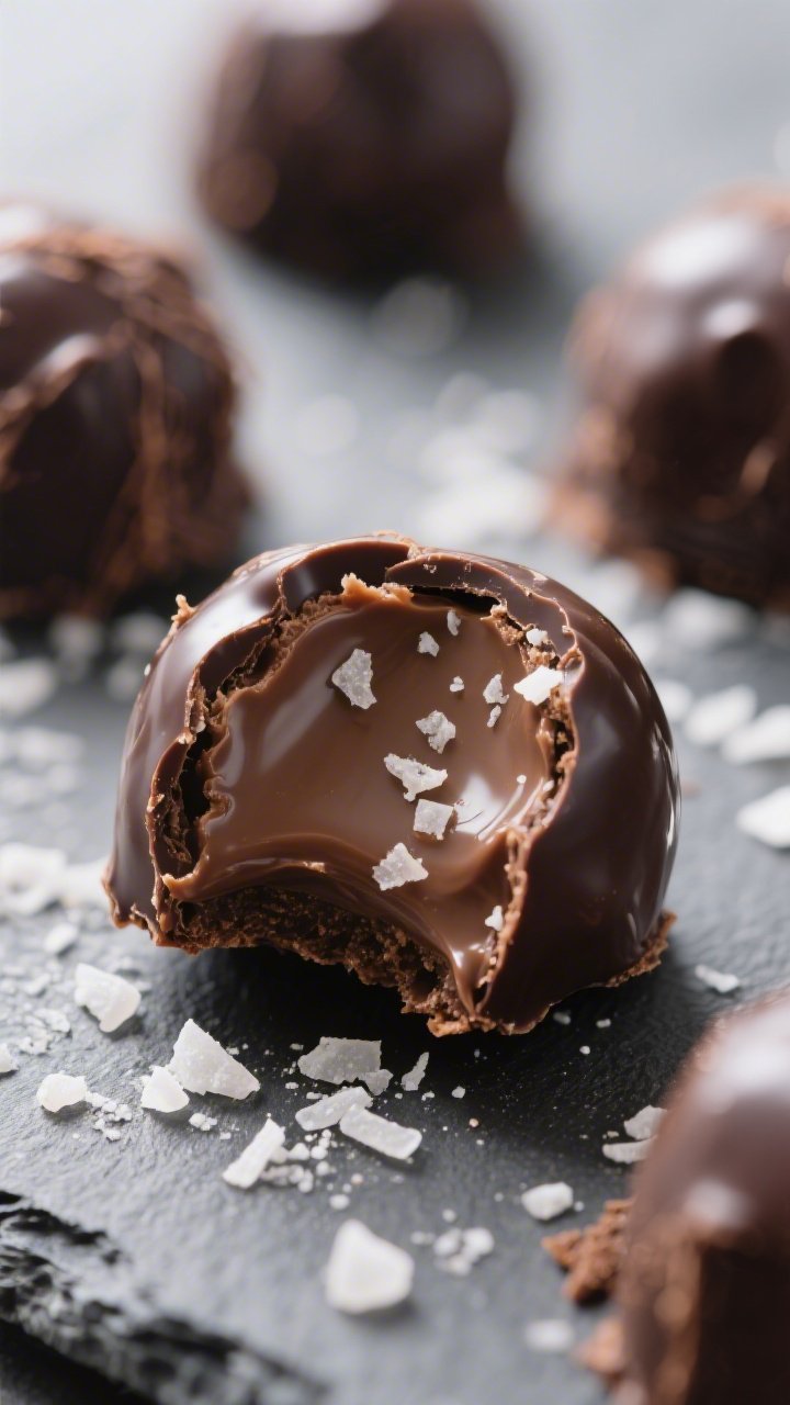 Close-up detail shot of finished Keto Chocolate Coconut Truffles with glossy dark chocolate shells,