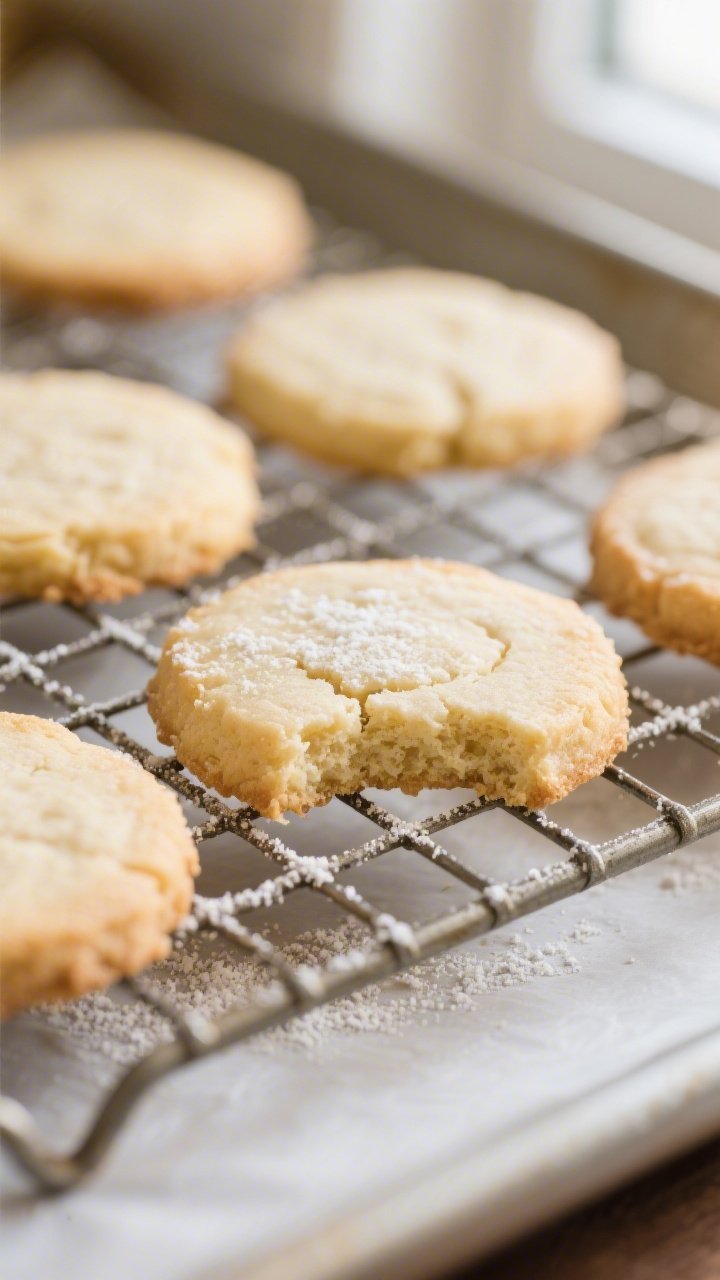 Close-up detail shot of freshly baked keto almond flour shortbread cookies cooling on a wire rack, e