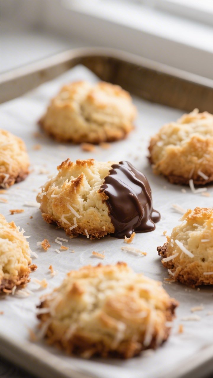 Close-up detail shot of freshly baked keto coconut macaroons cooling on a parchment-lined baking she