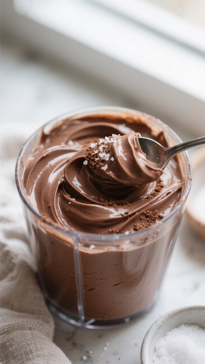 Close-up detail shot of silky keto chocolate avocado mousse just after blending, spoon swirling thro