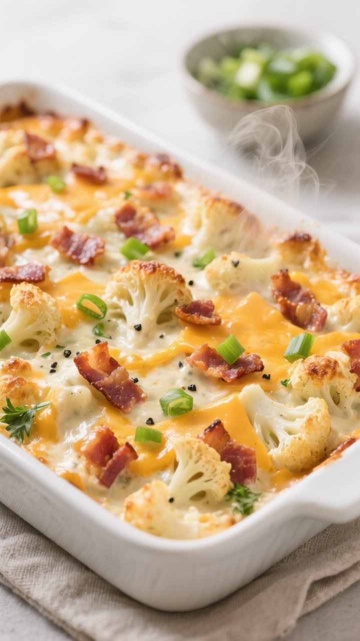 Close-up detail shot of the baked Keto Bacon Ranch Cauliflower Casserole just out of the oven: bubbl