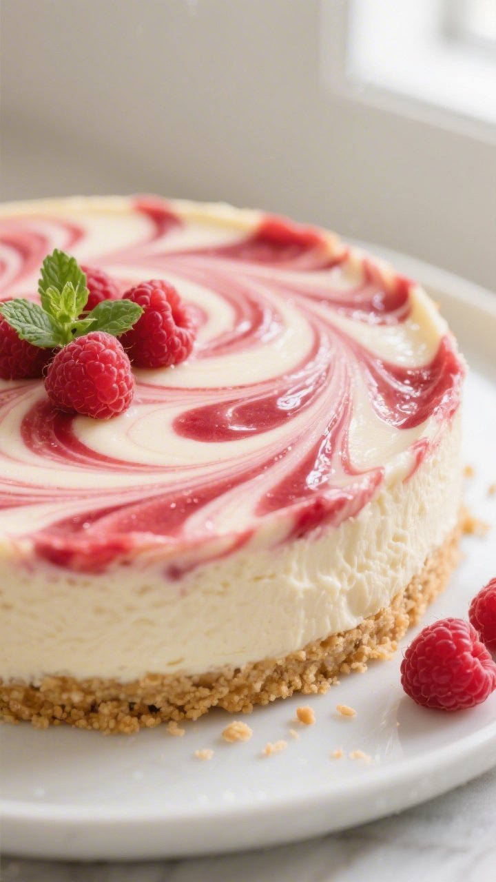 Close-up detail shot of the baked low-carb raspberry swirl cheesecake just after chilling, showing t