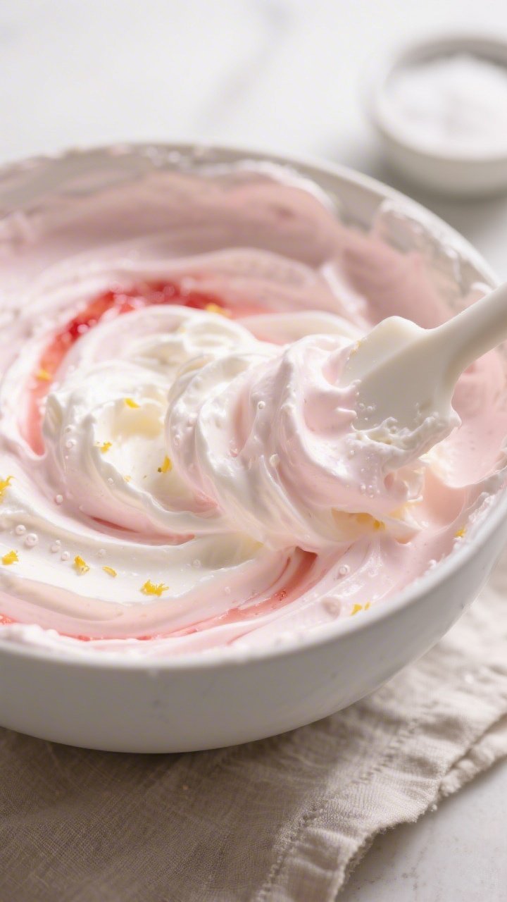 Close-up detail shot of the prepared Low Carb Strawberry Cream Dessert mid-fold: a spatula gently fo