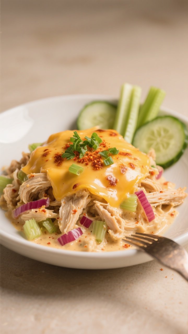Close-up, of a plated serving in a shallow white bowl: fork-ready mound of the creamy, spicy cassero