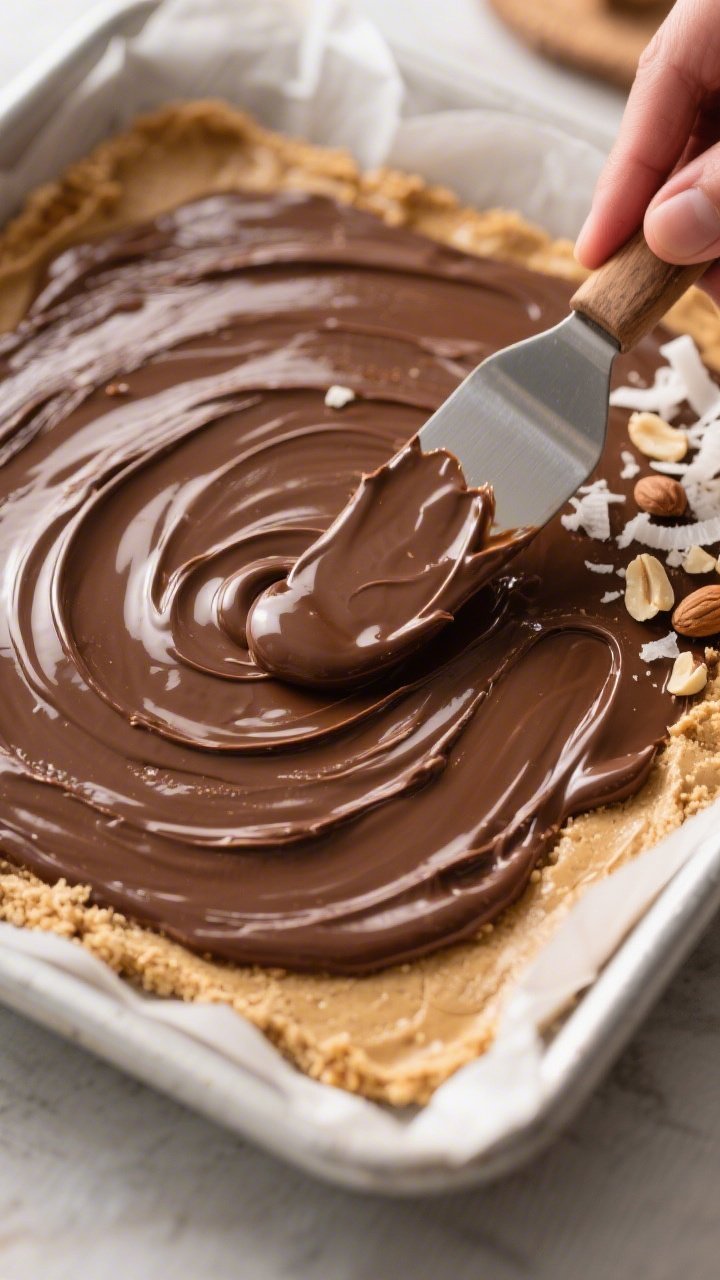 Close-up, process-focused detail of the melted sugar-free chocolate being spread in a thin, even lay