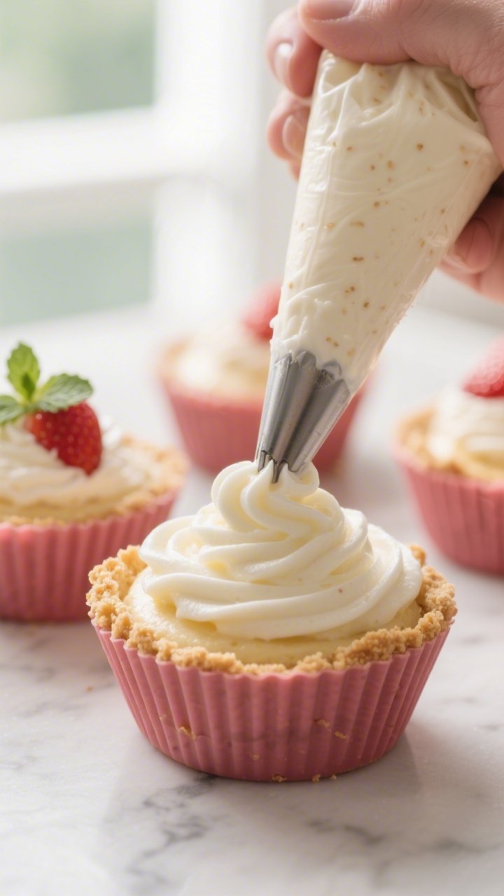 Close-up process shot: Keto strawberry cheesecake cups being assembled in silicone muffin cups—gol