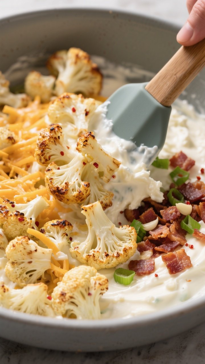 Close-up process shot of roasted cauliflower florets being folded into the creamy base: tender, cara
