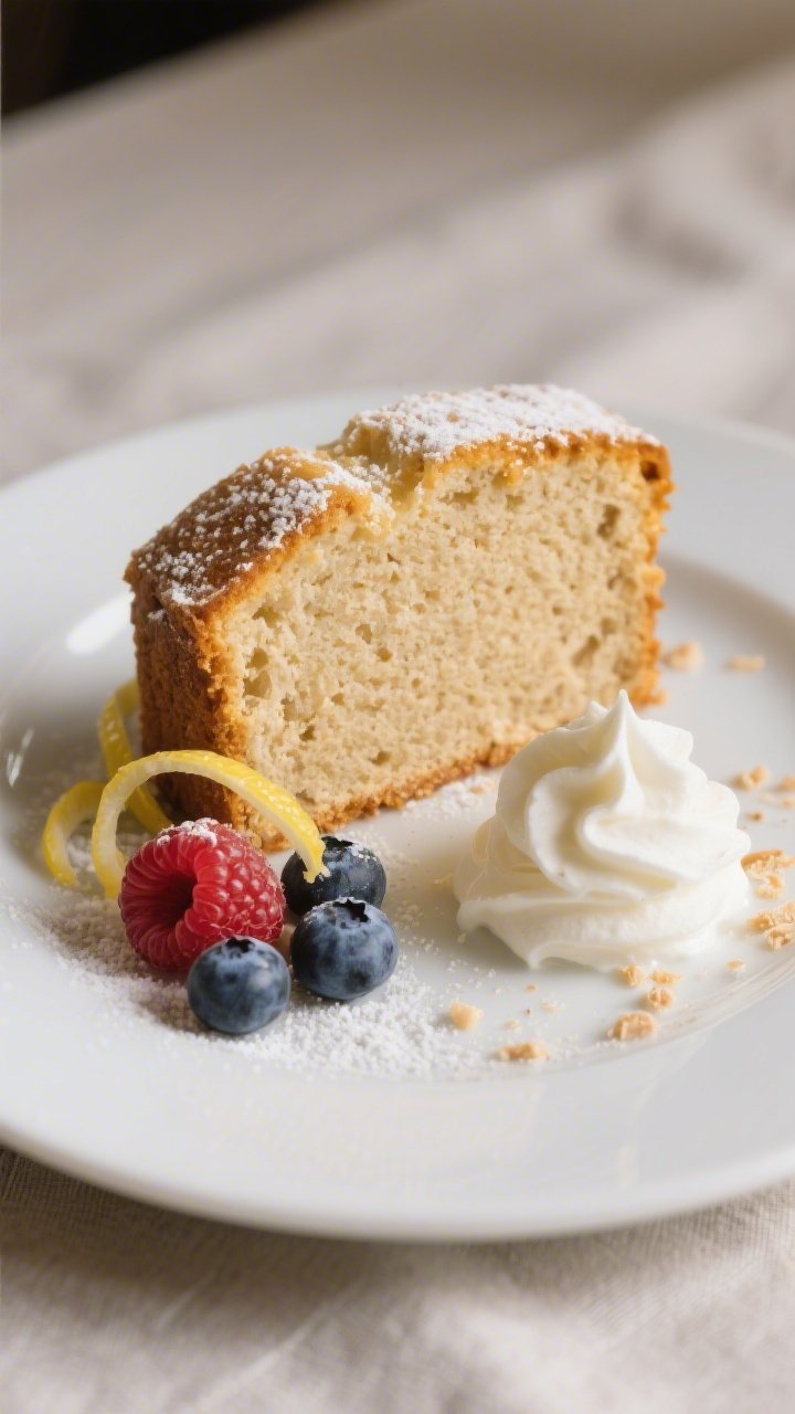 Close-up, three-quarter angle of a plated slice of almond flour pound cake with a tight, moist crumb