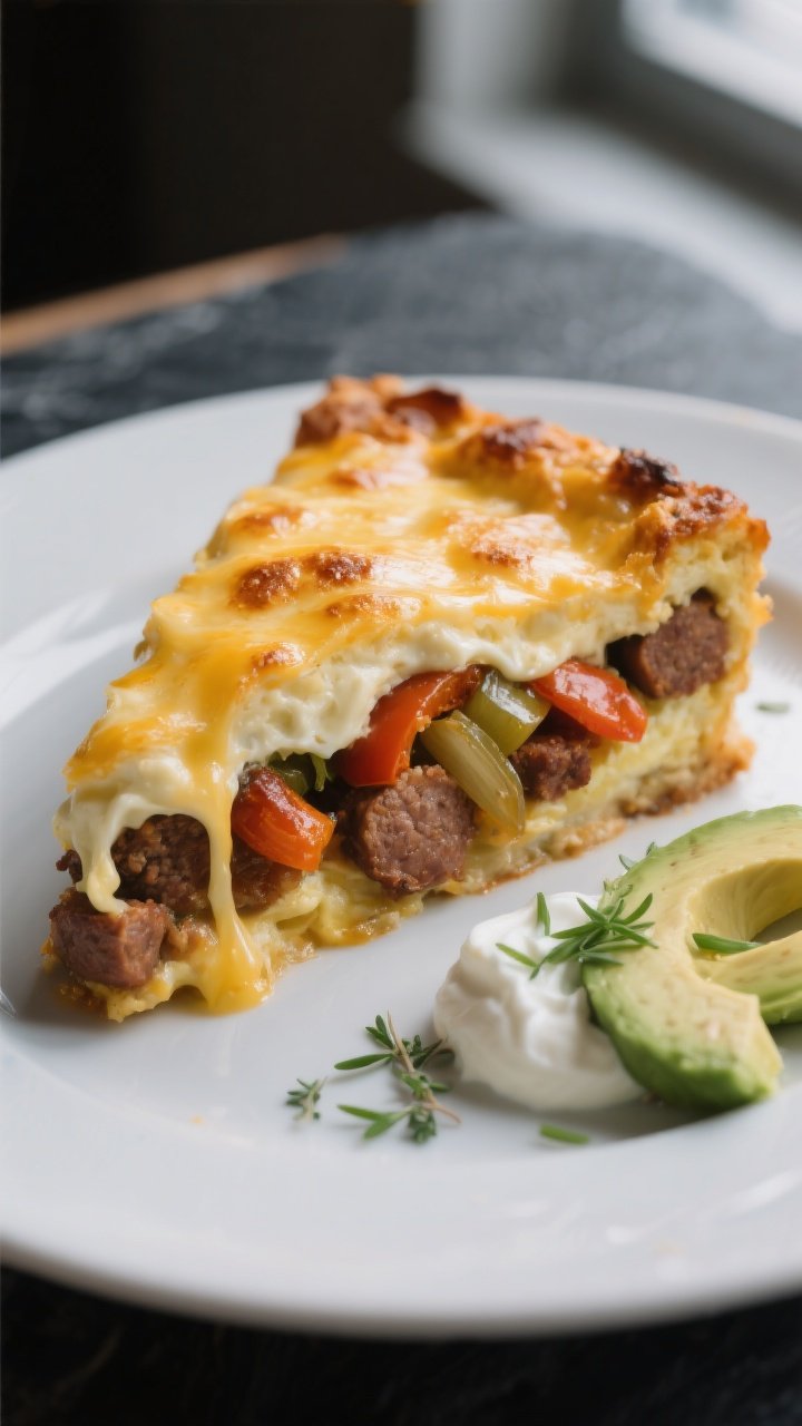 Close-up, three-quarter angle of a plated slice of the casserole showing distinct layers: juicy brow