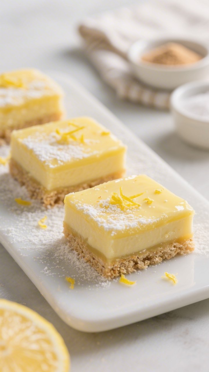 Close-up, three-quarter angle of final plated low carb lemon bars: neat squares with ultra-clean cut