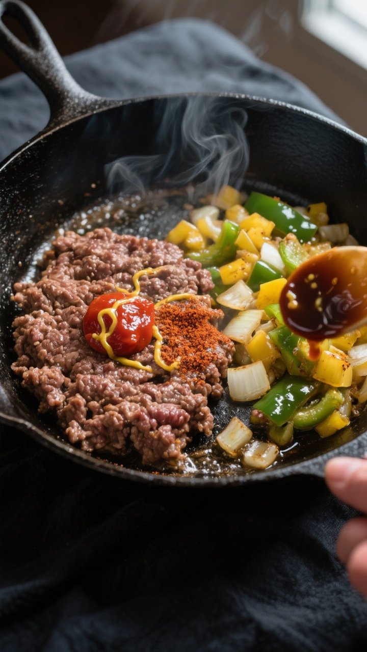 Cooking process — Bunless burger skillet mid-cook: Overhead shot of browned 80/20 ground beef push