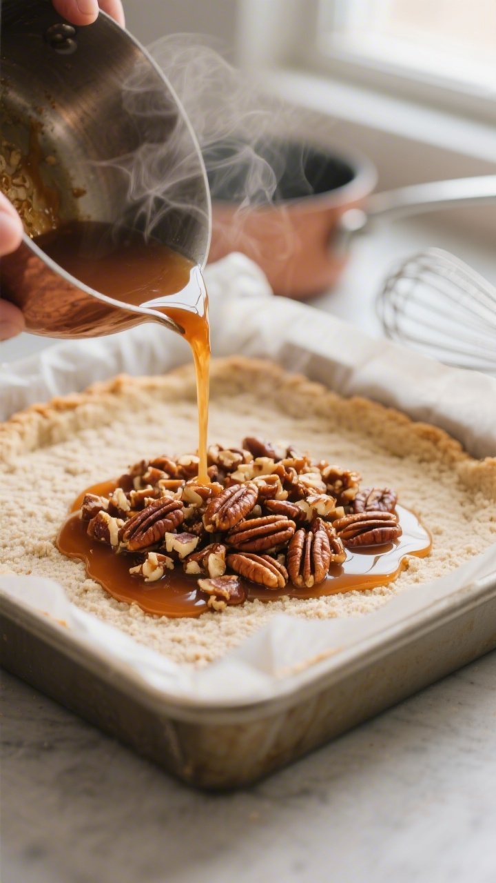 Cooking process close-up: A tight, shallow-depth-of-field shot of glossy, caramel-coated chopped pec