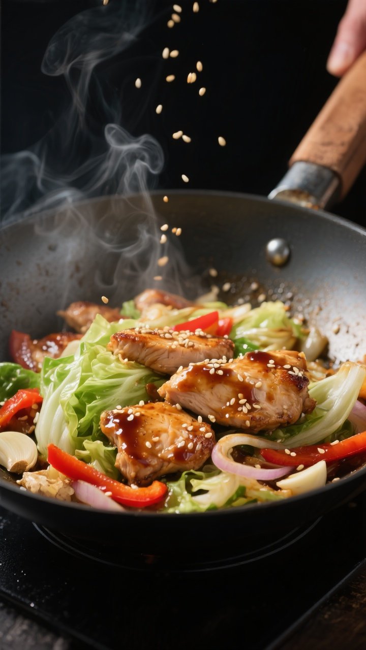 Cooking process, close-up action: Sizzling low-carb chicken cabbage stir fry in a carbon steel wok o