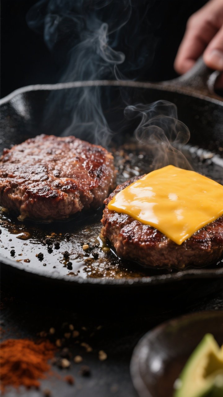 Cooking process close-up: Cast-iron skillet scene of two sizzling 80/20 beef patties mid-sear, deep 