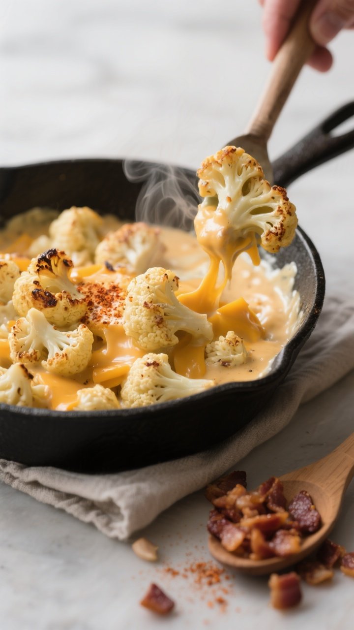 Cooking process close-up: Cauliflower “mac”-size florets just roasted to tender with caramelized