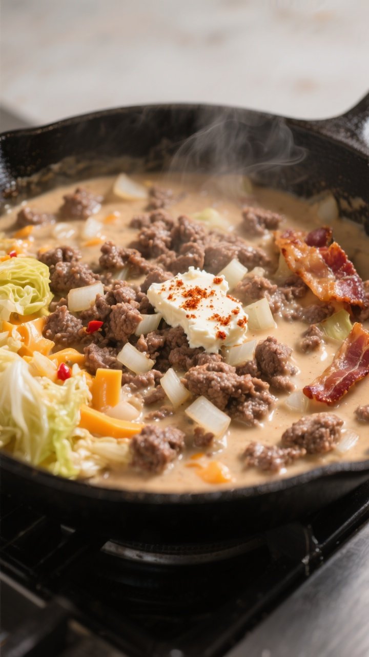 Cooking process close-up: Creamy beef and onion mixture simmering in a skillet after browning, with 