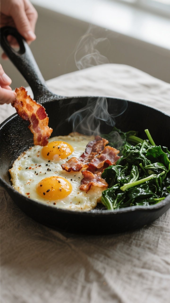 Cooking process close-up: Crispy bacon pieces just lifted from a cast-iron skillet with a glistening