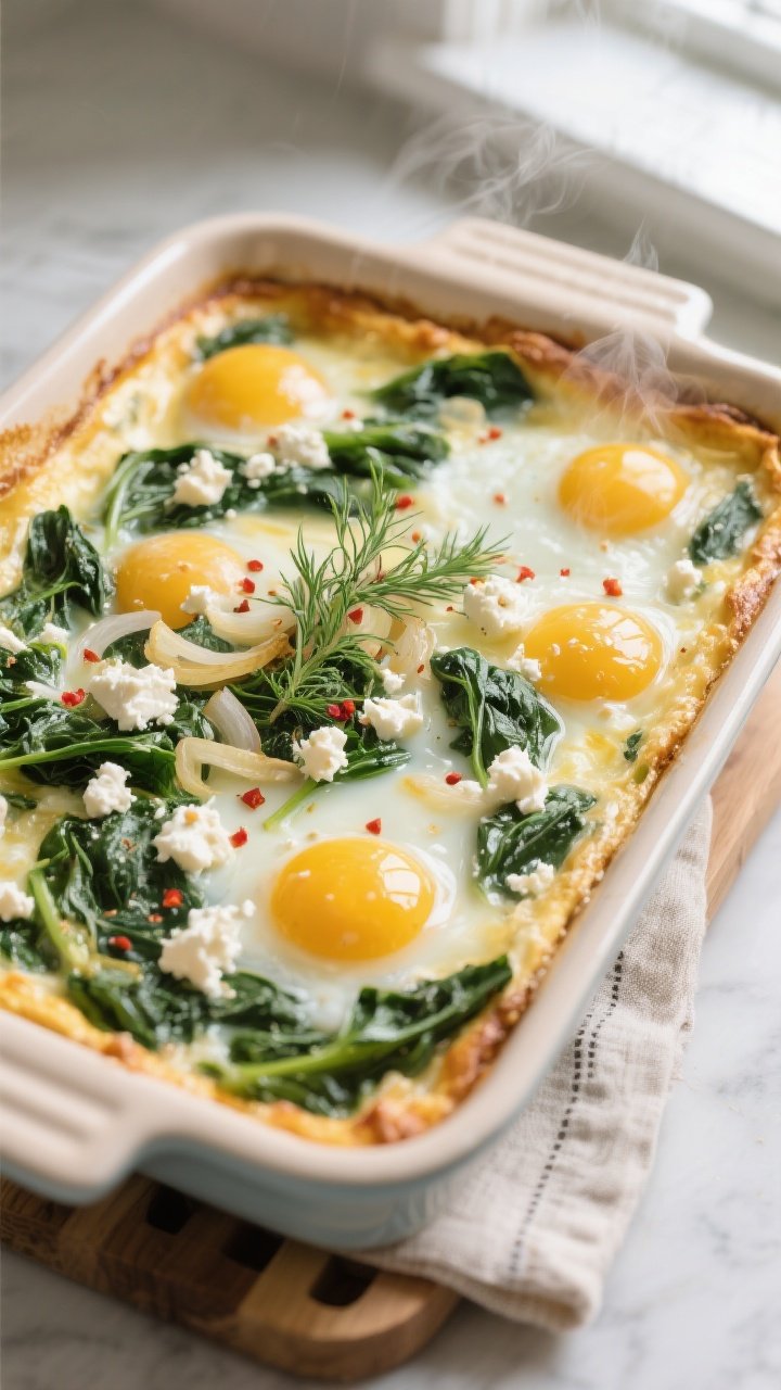 Cooking process, close-up detail: Golden-edged keto spinach & feta egg bake just pulled from the ove